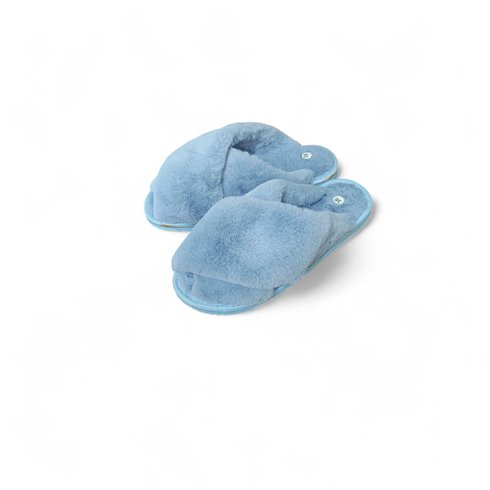 Женские тапочки открытые накрест меховые, паго, голубой Одесса - изображение 1