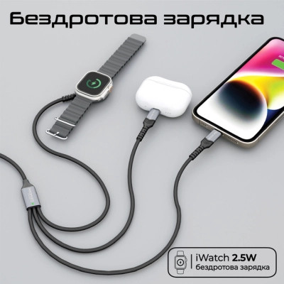 Дата кабель USB-C to Lightning 27W + USB-C 60W + Apple Watch 2.5W 1.5m icharge trio black Promate (icharge-trio.black) Вінниця - фото 3