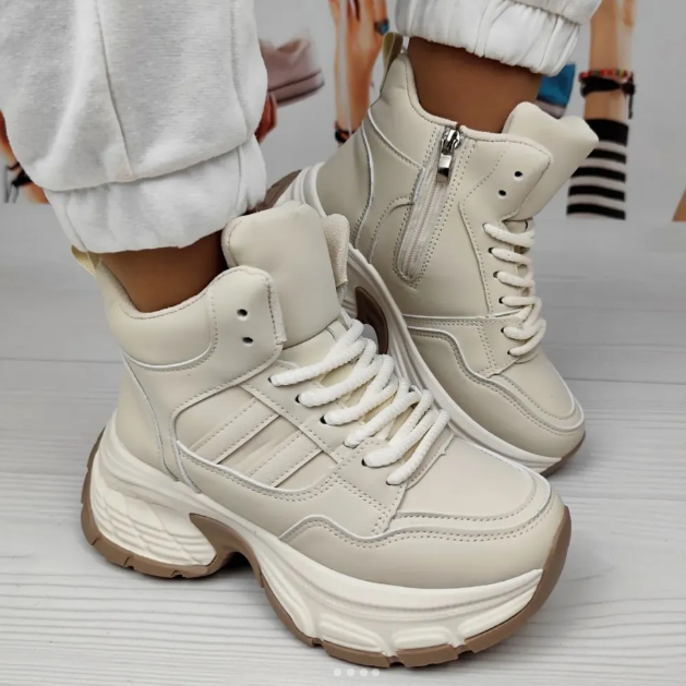 Жіночі зимові Бежеві Кросівки з МЕХОМ на Толстой Підошві Танкетке Ботинки Шкіряні Світлі (розміри: 36,37,38,39) - 8-4 Дніпро - фото 10