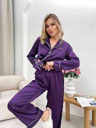 Женская стильная пижама двойка: рубашка и брюки из шелка Армани. Баклажан, 44/46 Одесса