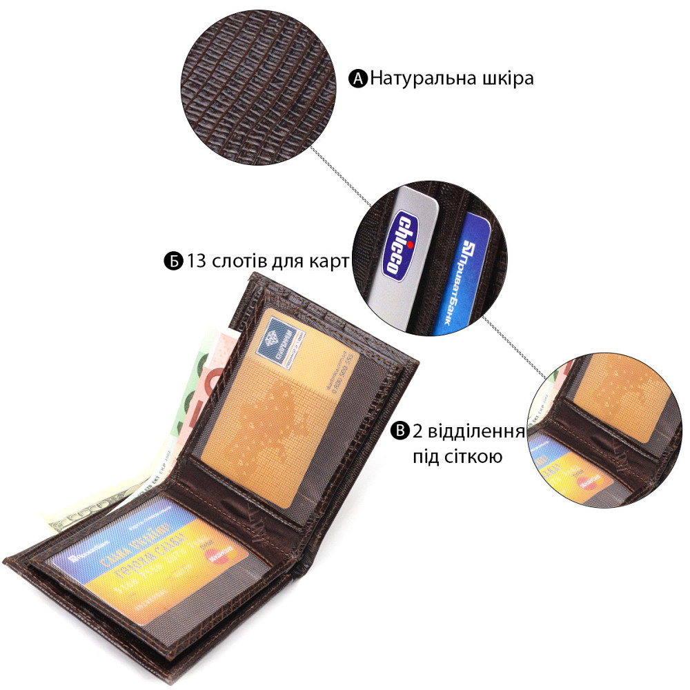 Лакированный кошелек для мужчин в два сложения из натуральной фактурной кожи CANPELLINI 21585 Коричневый Киев - изображение 8