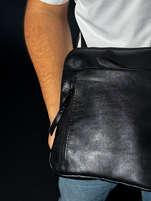 Сумка-мессенджер из натуральной гладкой кожи, сумка через плечо мужская SKILL (Черная) Сумы - изображение 3