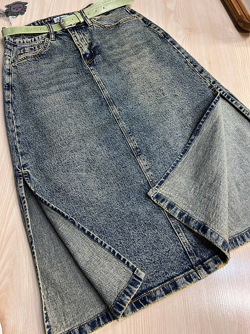 Юбка женская джинсовая ZJY 68005 длина ниже колена боковые разрезы зеленый ремешок синяя, синий, 33 Одесса - изображение 2