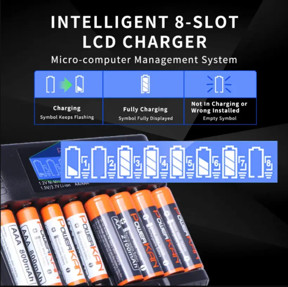 Зарядное устройство универсальное PowerCAN ALL8 LCD Type-C для аккумуляторов (Li-ion NiMH Ni-CD) AA AAA 14500 (на 8 каналов) Киев