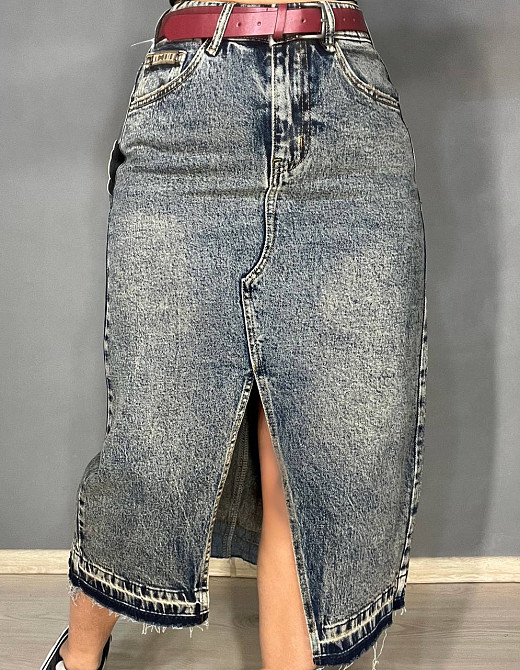 Юбка женская джинсовая ZJY 68007 разрез спереди стрейчевая ниже колена с ремнем темно-синяя, темно-синий, 28, 28, 72 см, 97 см Киев - изображение 16