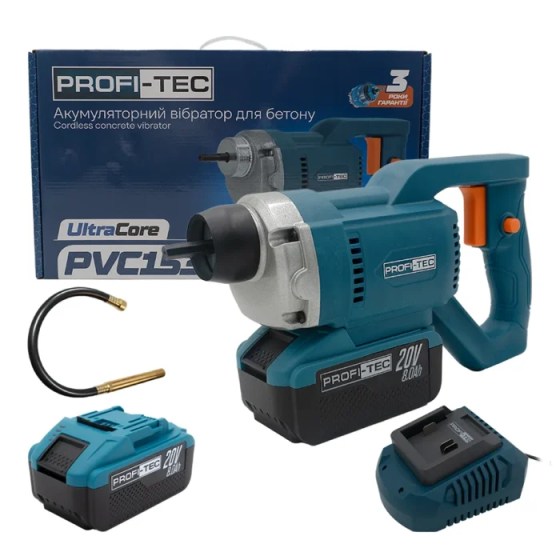 Акумуляторний вібратор для бетону PROFI-TEC PCV1535 : Гнучкий вал 35мм /1,5м, з АКБ 20V 8.0Ah+ЗП (008108) Київ