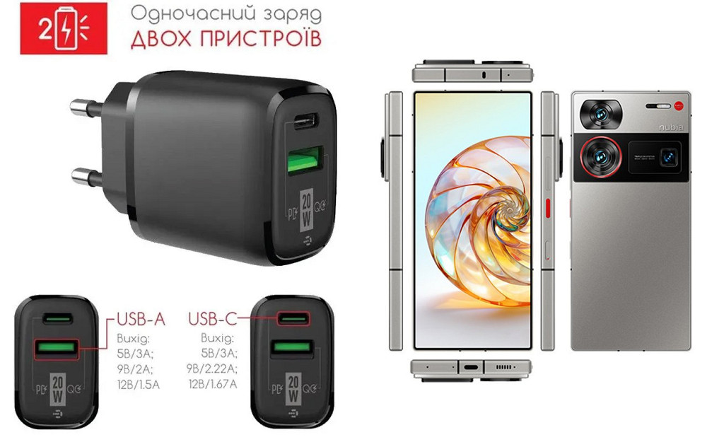 Сетевое зарядное устройство для nubia Z60, nubia Z60 Ultra, 20W 3A, Quick Charge 3.0 Киев - изображение 1