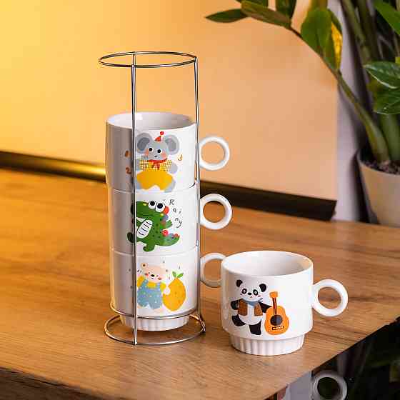 Набір порцелянових чашок для дітей на металевій підставці Animals 4 (шт) по 300 (мл) подарунковий набір чашок FM-8 Коломия