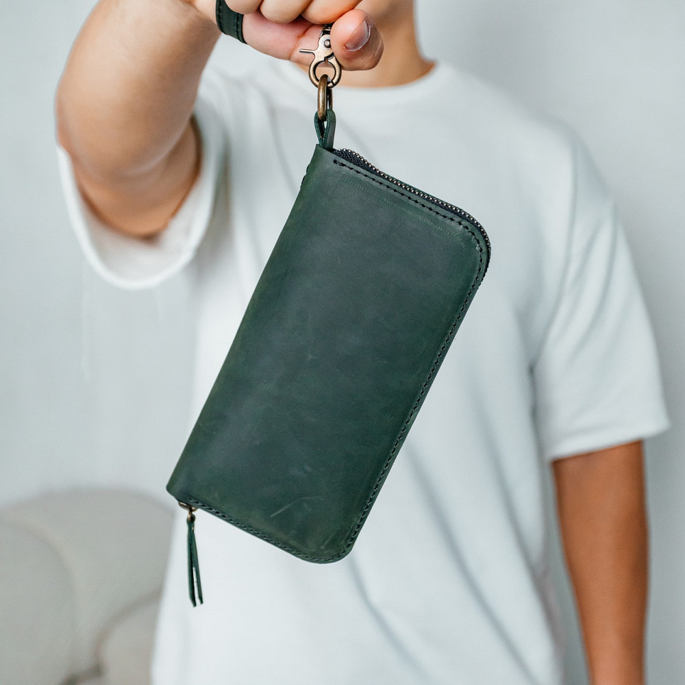 Чоловічий шкіряний гаманець, місткий гаманець із відділеннями на блискавці, Crazy Horse, зеленийMasterSem Київ - фото 3