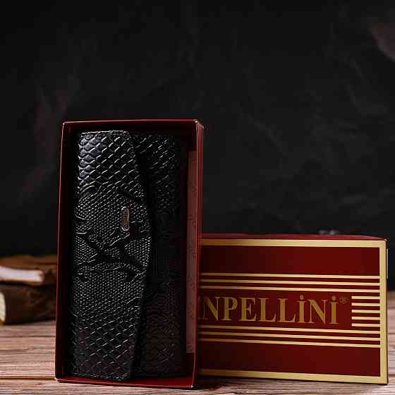 Фактурне жіноче лаковане портмоне з натуральної шкіри з тисненням під змію Чорне (CANPELLINI) Київ