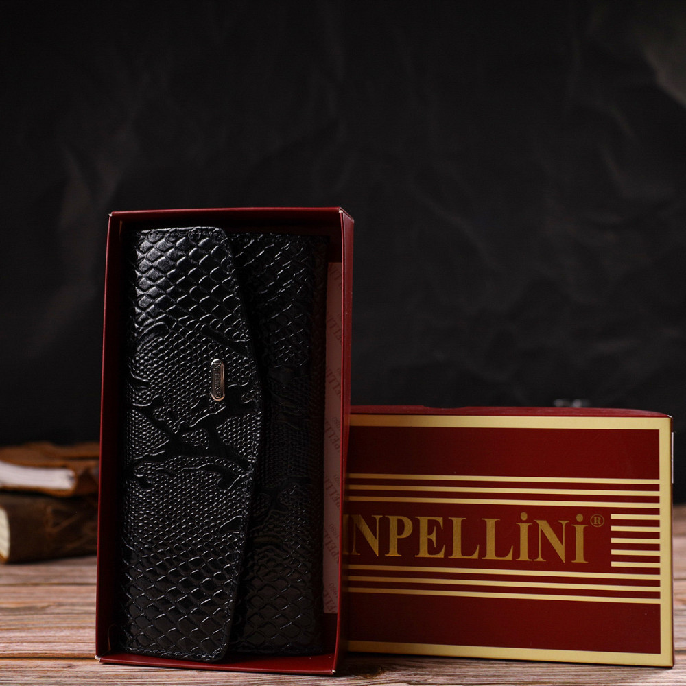 Фактурне жіноче лаковане портмоне з натуральної шкіри з тисненням під змію Чорне (CANPELLINI) Київ - фото 3