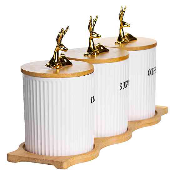 Yiwu Набір порцелянових банок для сипучіх на бамбуковій підставці 3 шт. по 400 мл для чаю кави Коломия