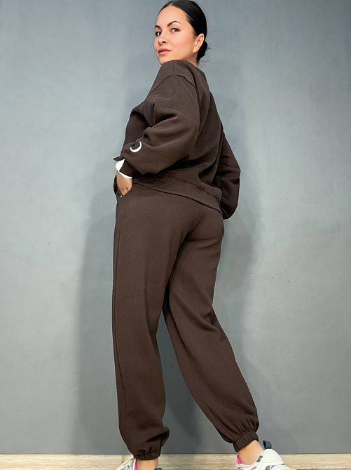 Костюм женский A-N 27063 свитшот и джогеры оверсайз с вышивкой коричневый, коричневый, S Киев - изображение 3