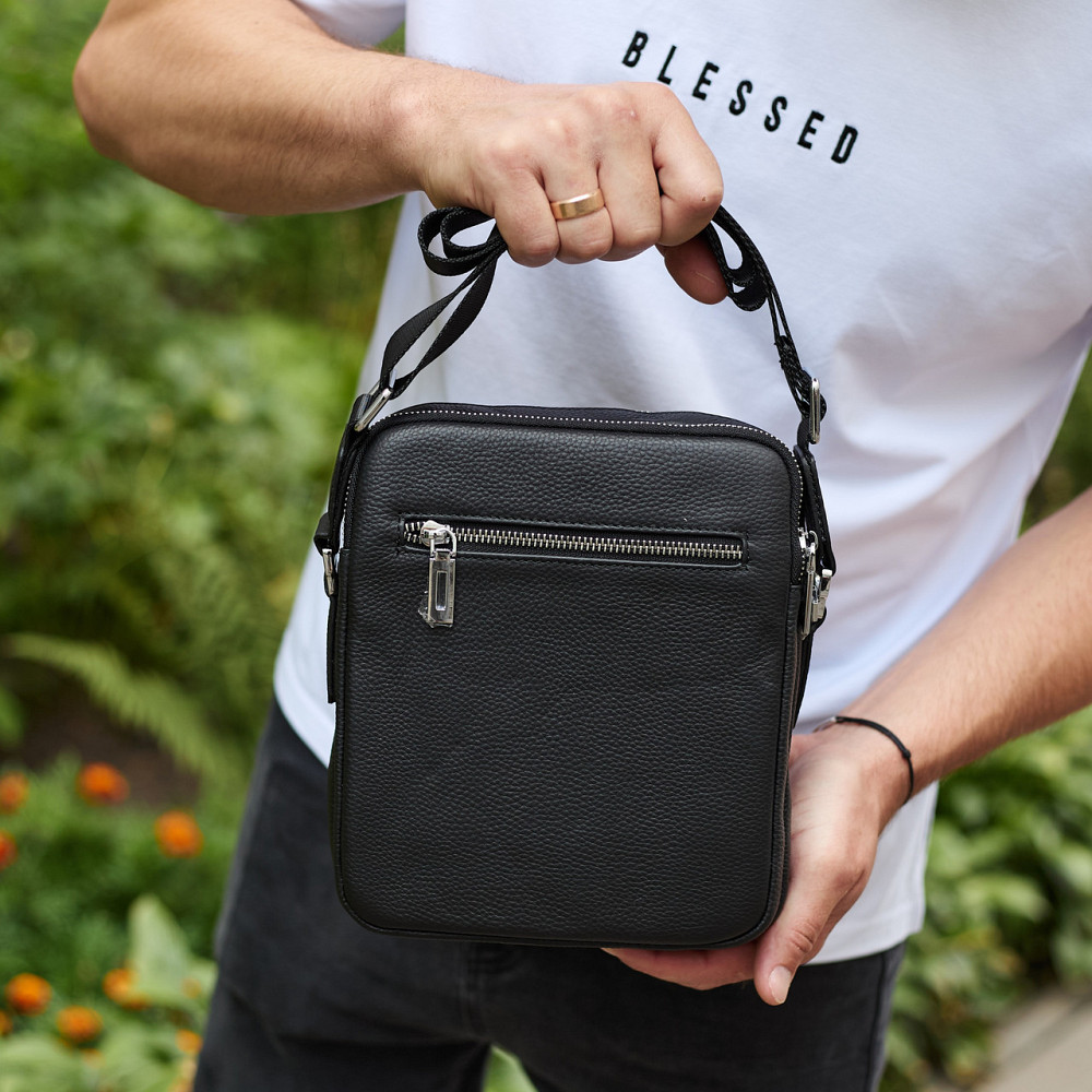Мужская кожаная сумка-барсетка 24х20х8, компактная сумочка на плечо для мужчины, плечевой мессенджер, черная Киев - изображение 9