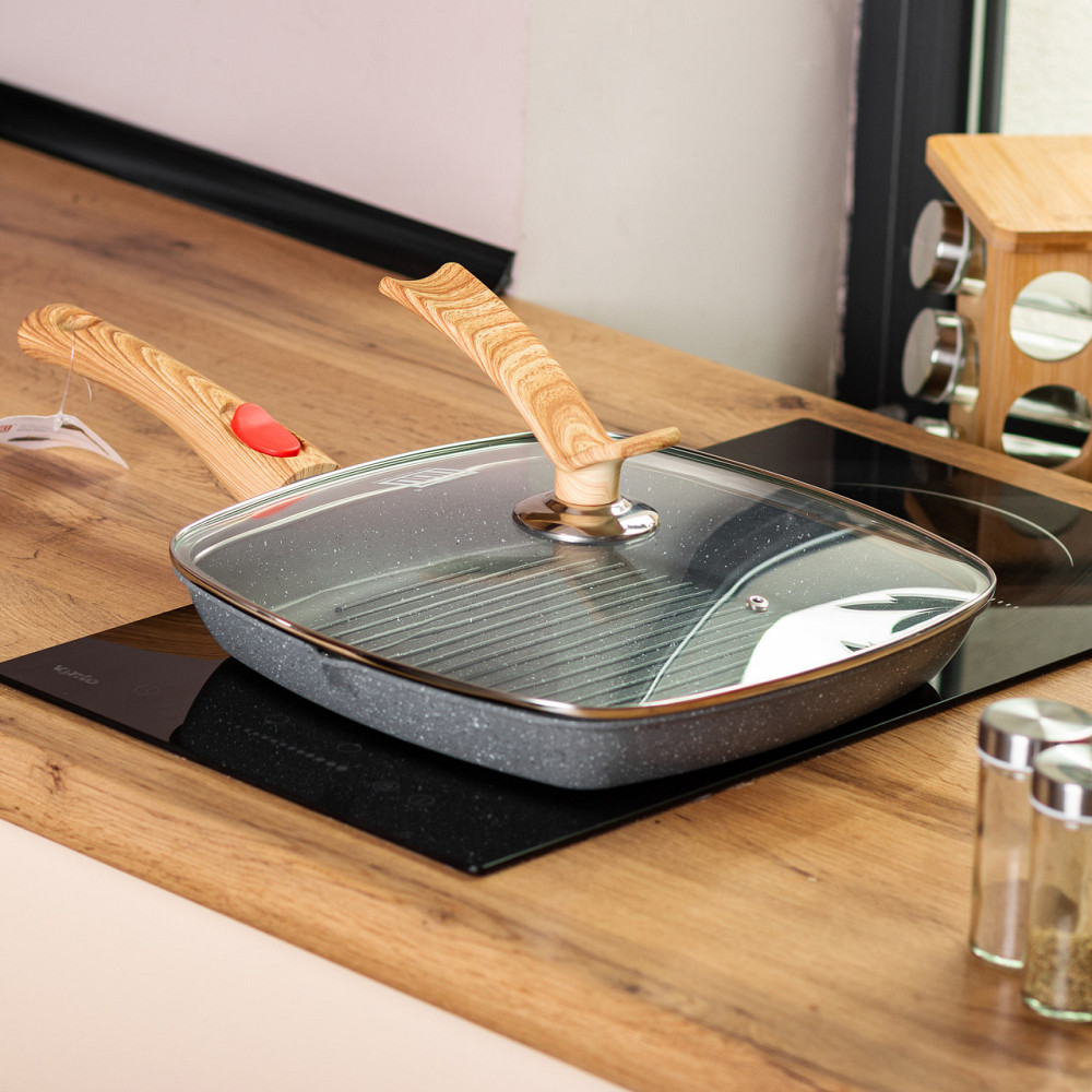 MGC Алюмінієва сковорода-гриль 28 см зі скляною кришкою Квадрат сірий MGC HP-4-462G Коломыя - изображение 7