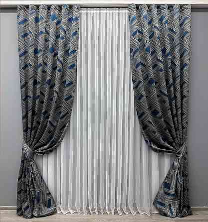 Комплект готовых штор VR-Textil Жаккард Mystery № 1624ш Серый с синим 150х290 см 2 шт (33-0533) Киев