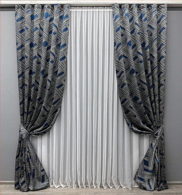 Комплект готовых штор VR-Textil Жаккард Mystery № 1624ш Серый с синим 150х290 см 2 шт (33-0533) Киев - изображение 2