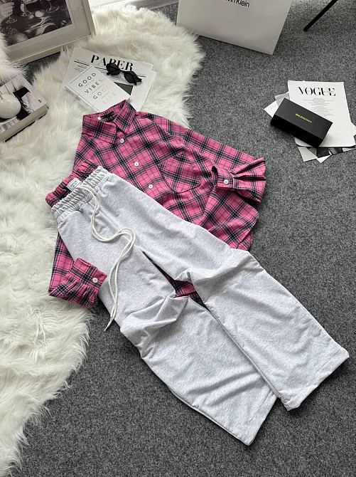 Женский повседневный костюм двойка: рубашка в клетку и штаны фланель + двунитка. Розовый 2, 42/46 Одесса - изображение 5