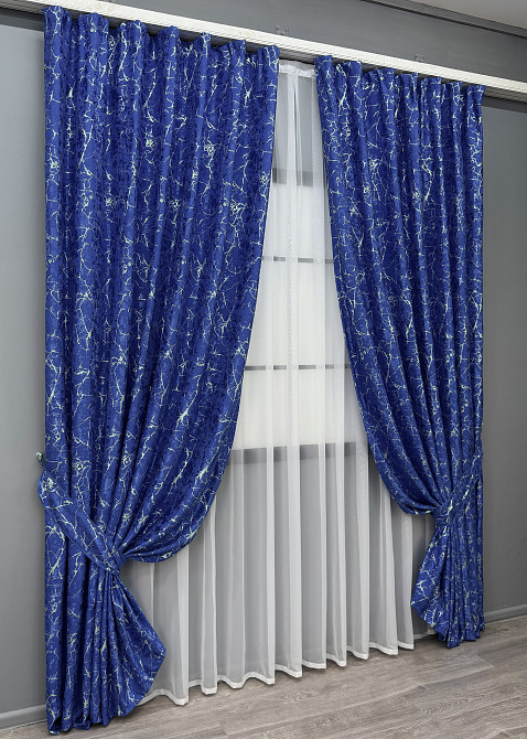 Комплект готових штор VR-Textil Льон мармур Royal Touch № 2003ш Синій 200х270 см 2 шт (32-479) Київ - фото 3