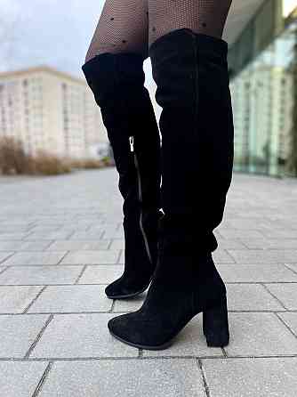 Nivelle Ботфорти зимові жіночі натуральна замша чорні на підборах, наповнювач євро-вовна 5379/8 Коломыя