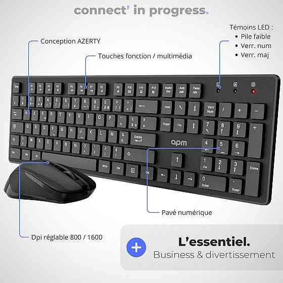 Клавіатура і миша APM 100042 чорна AZERTY бездротовий комплект 2.4GHz оптична тиха мультимедійна Київ