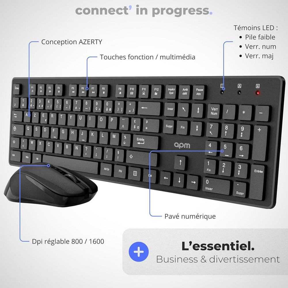 Клавиатура и мышь APM 100042 черная AZERTY беспроводной комплект 2.4GHz оптическая тихая мультимедийная Киев - изображение 4