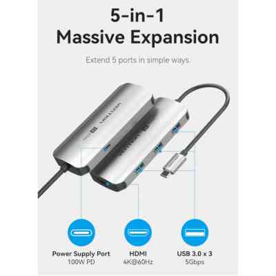 Концентратор Vention USB 3.1 Type-C to HDMI 4K60Hz/USB 3.0x3/PD 100W 5-in-1 (TQDHB) Вінниця