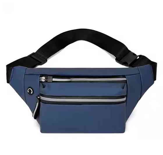 Сумка-бананка на пояс 3 кармана с отверстием для наушников унисекс 32 на 12 см синий Киев