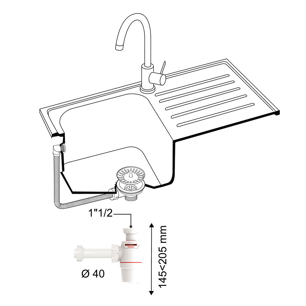 Сифон для кухонної мийки Neo Air 11⁄2" × Ø 40 мм з відведенням WIRQUIN (9542330) Київ - фото 2
