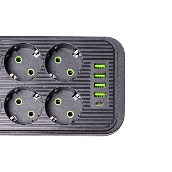 Мережевий фільтр подовжувач F06U на 6 розеток 4 USB 1 Type-C та кнопкою відключення 5 м Чорний HP-5-26 Коломия