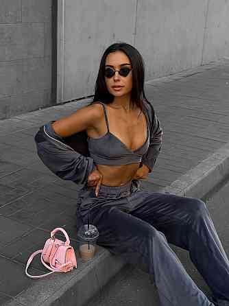 Женский костюм тройка: кофта топ и штаны велюр Графит, 46/48 Одесса