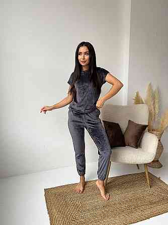 Жіночий домашній костюм-трійка: футболка штани + шорти плюш-велюр Графіт, 54/56 Одеса