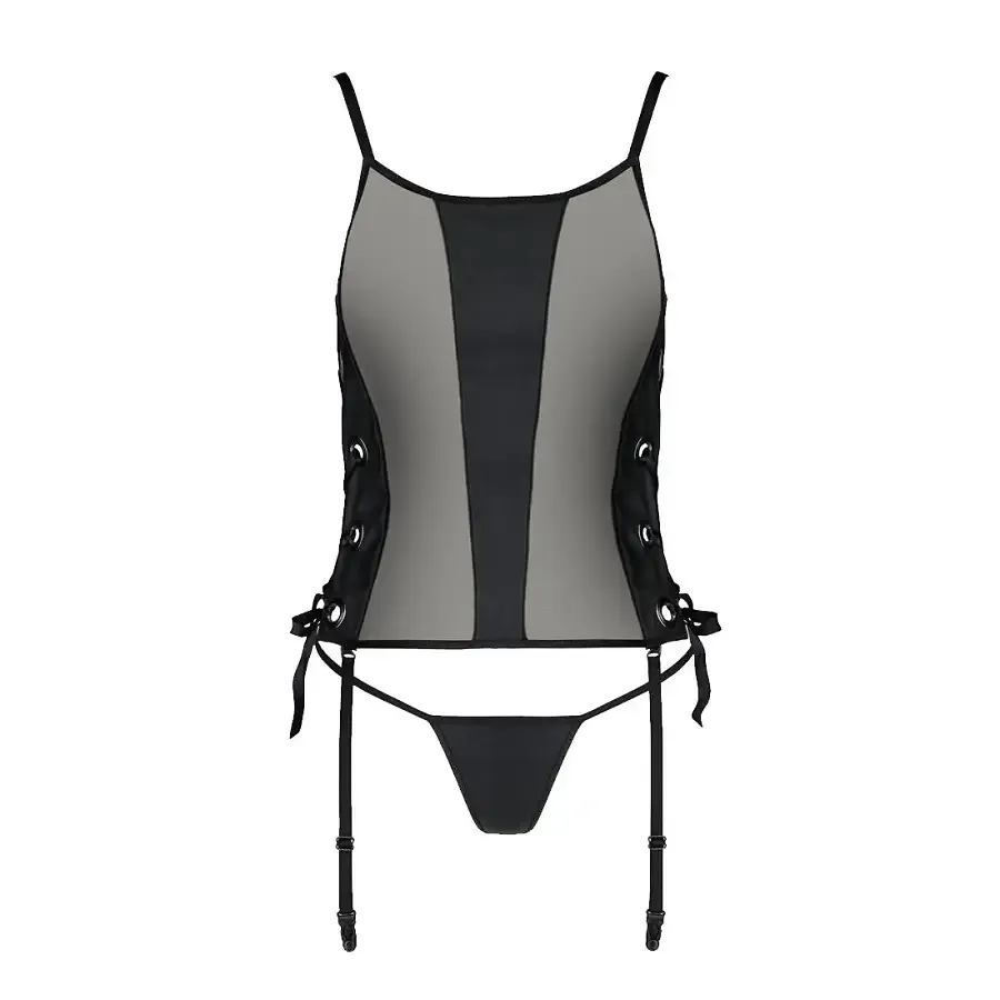 Сітчастий корсет з екошкіри Passion MALWIA CORSET 4XL/5XL black, з люверсами та знімними пажами Львов - изображение 3