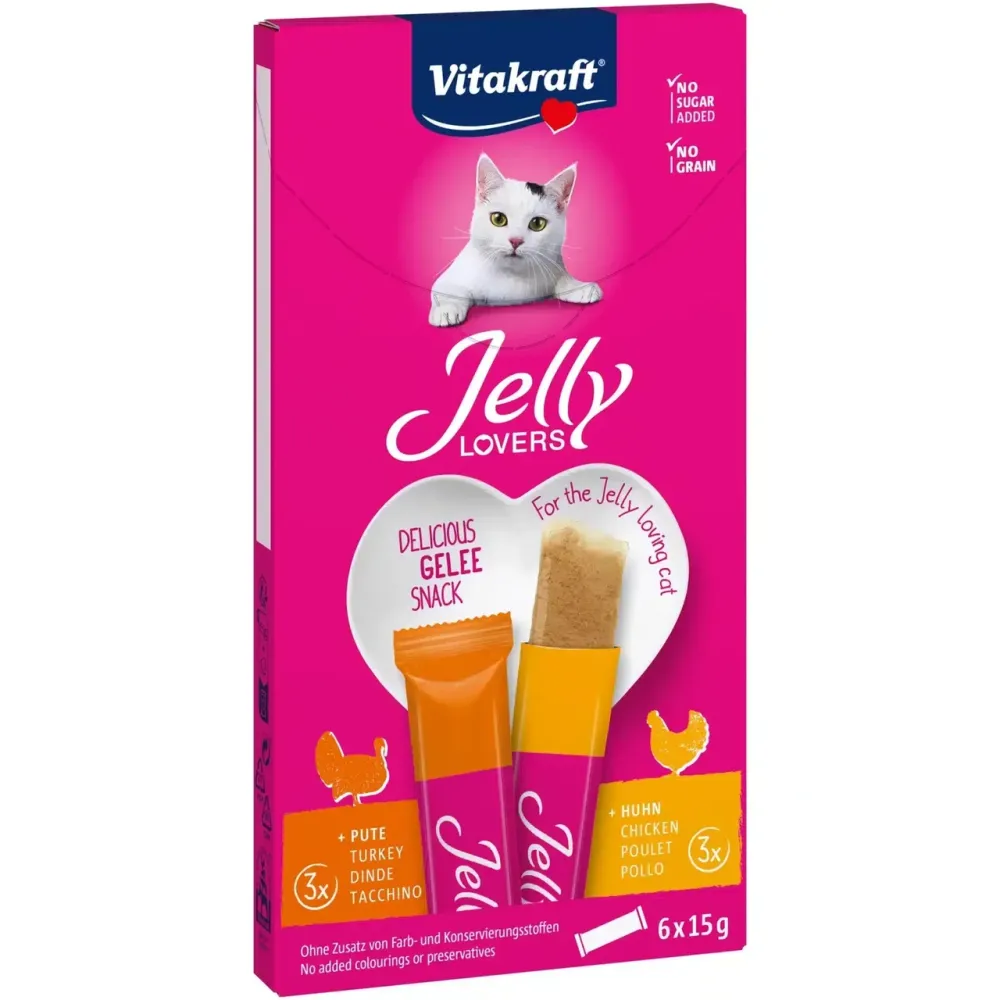 Низькокалорійне желе для котів Вітакрафт Vitakraft Jelly Lovers з куркою та індичкою (2 смаки), 6 шт × 15 г Вінниця - фото 1