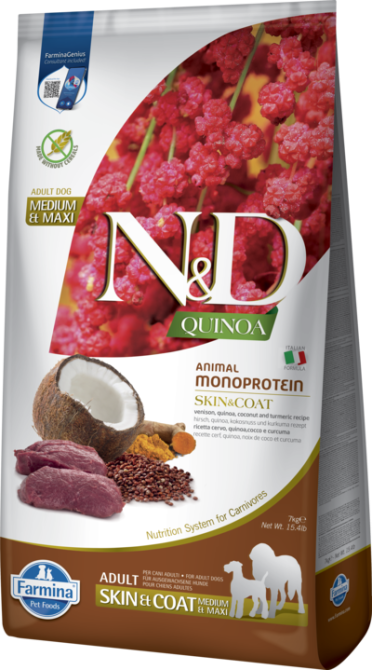 Фарміна дог сухий N&D QUINOA DOG SKIN & COAT, VENISON & COCONUT ADULT MEDIUM & MAXI з олениною та кокосом7 kg 41982 Київ - фото 1