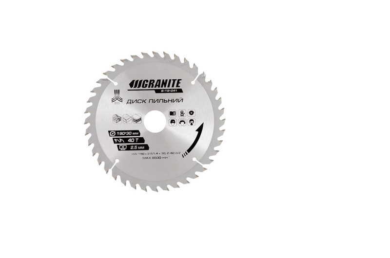 Диск пильный GRANITE для дерева с твердосплавными напайками 190х30х40Т 8500 об/мин 5-19-041 Ровно - изображение 1