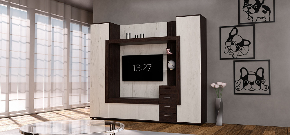 Стенка в гостиную под ТВ Exo-1, Дуб Крафт Белый/Венге Магия, 2160х420х1850 Львов - изображение 2