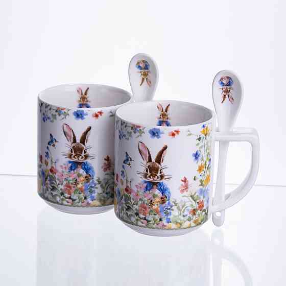 Набір подарункових чашок порцелянових Garden Rabbits 2 штуки по 300 мл із ложками HP-7323-3 Коломия