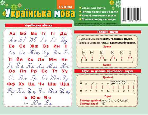 Картонка - підказка: Абетка. Українська мова 1- 2 клас (20*15 см), шт Киев