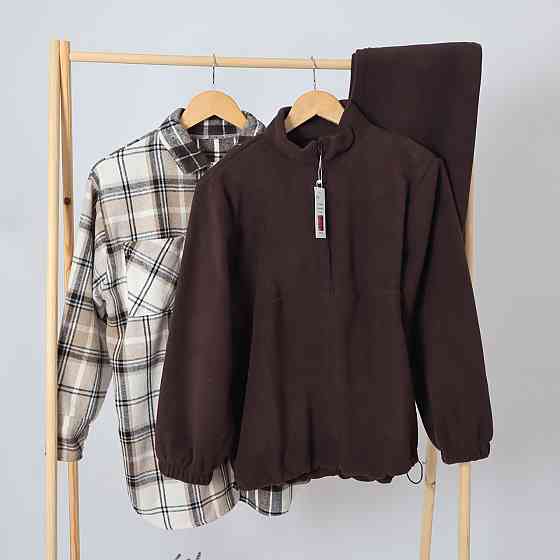 Флісовий дитячий коричневий костюм-трійка (худі+джогери+сорочка картата) 110 Кам'янець-Подільський