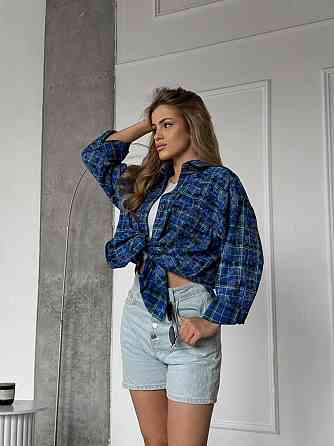 Женская трендовая оверсайз рубашка в клетку коттон варка Синий Одесса