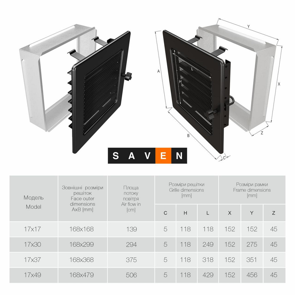 Вентиляційна решітка для каміна SAVEN 17х17 чорна з жалюзі Львів - фото 3