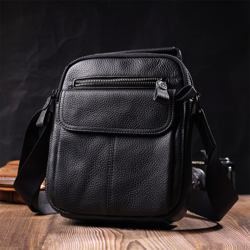 Вертикальная мужская сумка на плечо из натуральной кожи Черная (Vintage) Киев - изображение 3