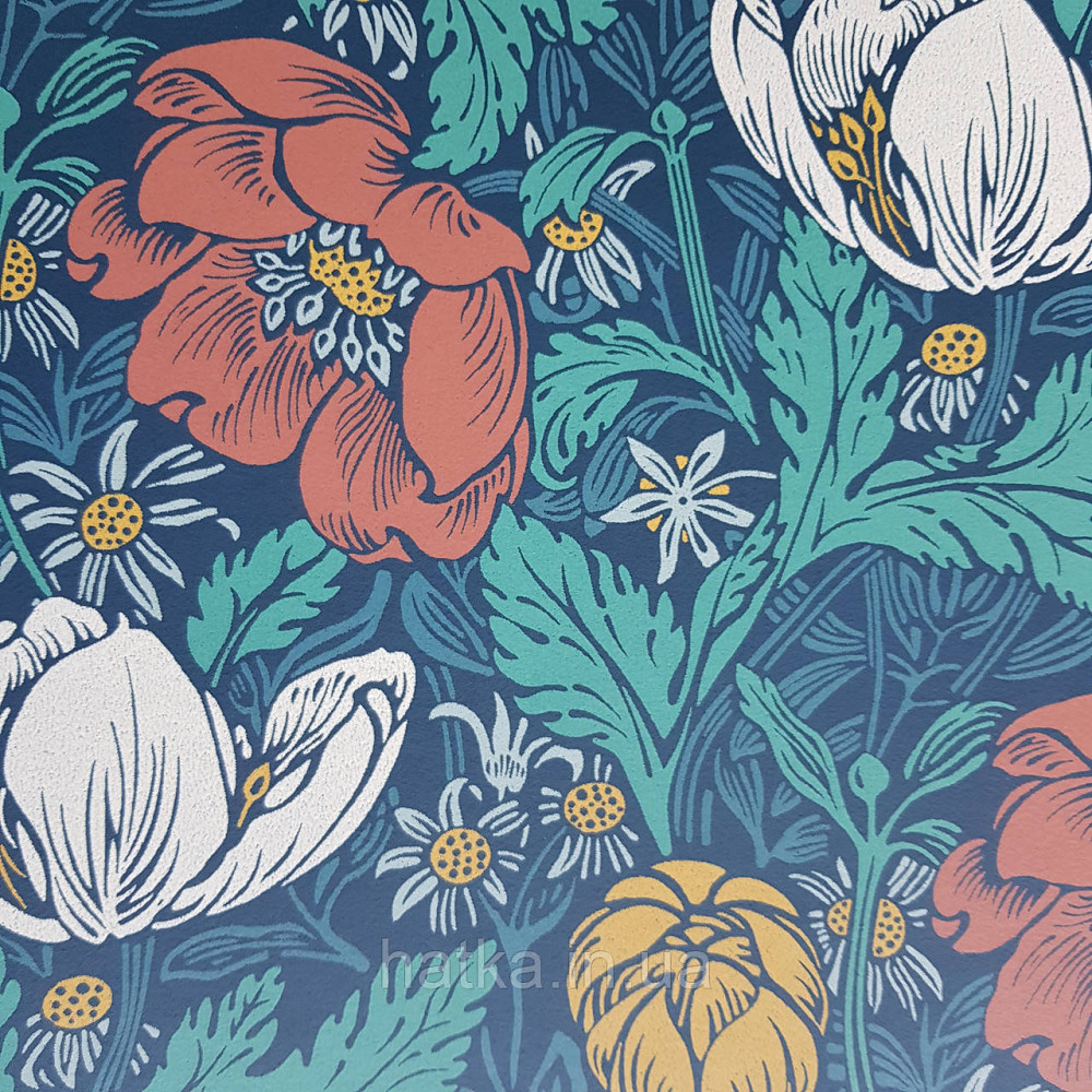Обои флизелиновые экологически чистые Rasch Salisbury 0.53х10 цветы яркие красные желтые белые на темно синем Киев - изображение 1