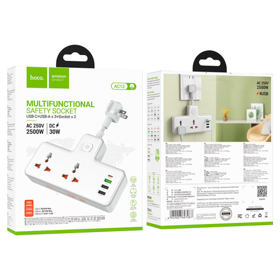 Мережевий подовжувач HOCO AC12 Reise 2-position expansion socket White 6942007607087 Одеса