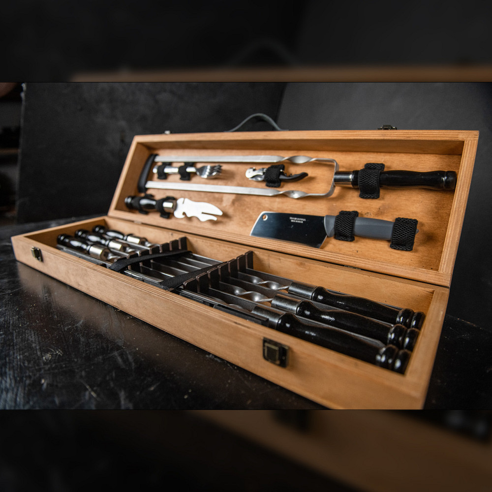 Шампури подарункові набір бокс для пікніка гриля та барбекю Оригінальні Віп подарунки на день народження татові, хлопцю, Тернопіль - фото 1