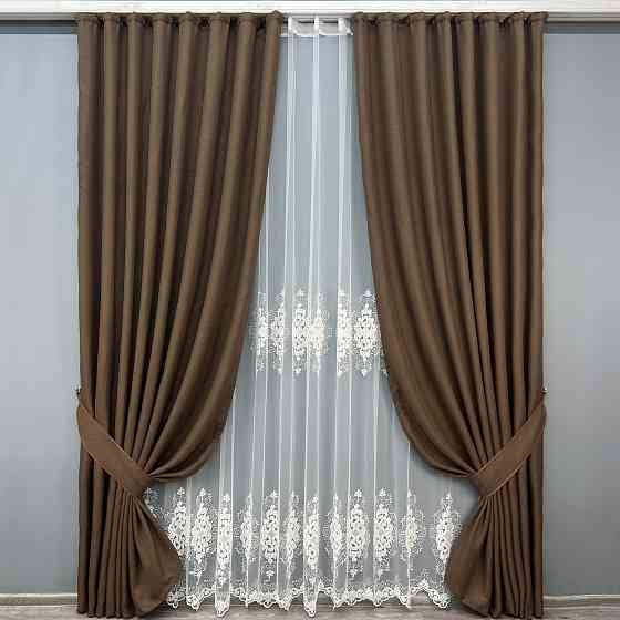 Комплект штор VR-Textil Льон Мішковина 200х270 2шт і Тюль 600х270 277ш-1843т Коричневий з молочним 71-187/7 Київ