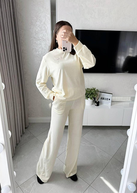 Женский прогулочный костюм двойка из хлопкового велюра Молочный, 44 Одесса - изображение 1