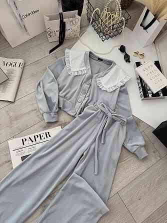 Жіночий плюшевий костюм-двійка: кофта з коміром і штани велюр Блакитний, 42/44 Одеса