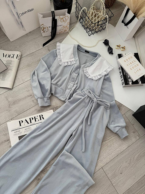 Жіночий плюшевий костюм-двійка: кофта з коміром і штани велюр Блакитний, 42/44 Одеса - фото 2